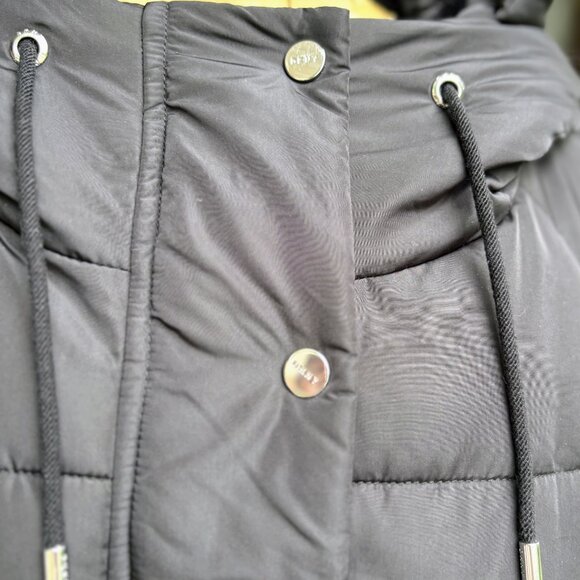 Black Puffer Jacket, Black Bomber Jacket, Fur hood, Oversized Black Coat, DKNY - Picture 3 of 13